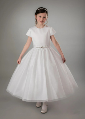Beaded Cap Sleeves Ivory Satin Glitter Tulle Flower Girl Dress
